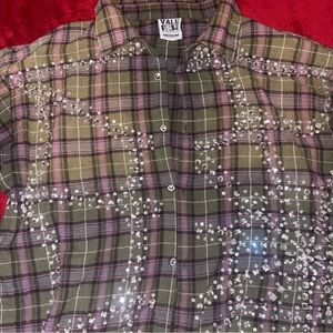 VALE Embellished Plaid Button-Up Shirt in Olive and Purple
